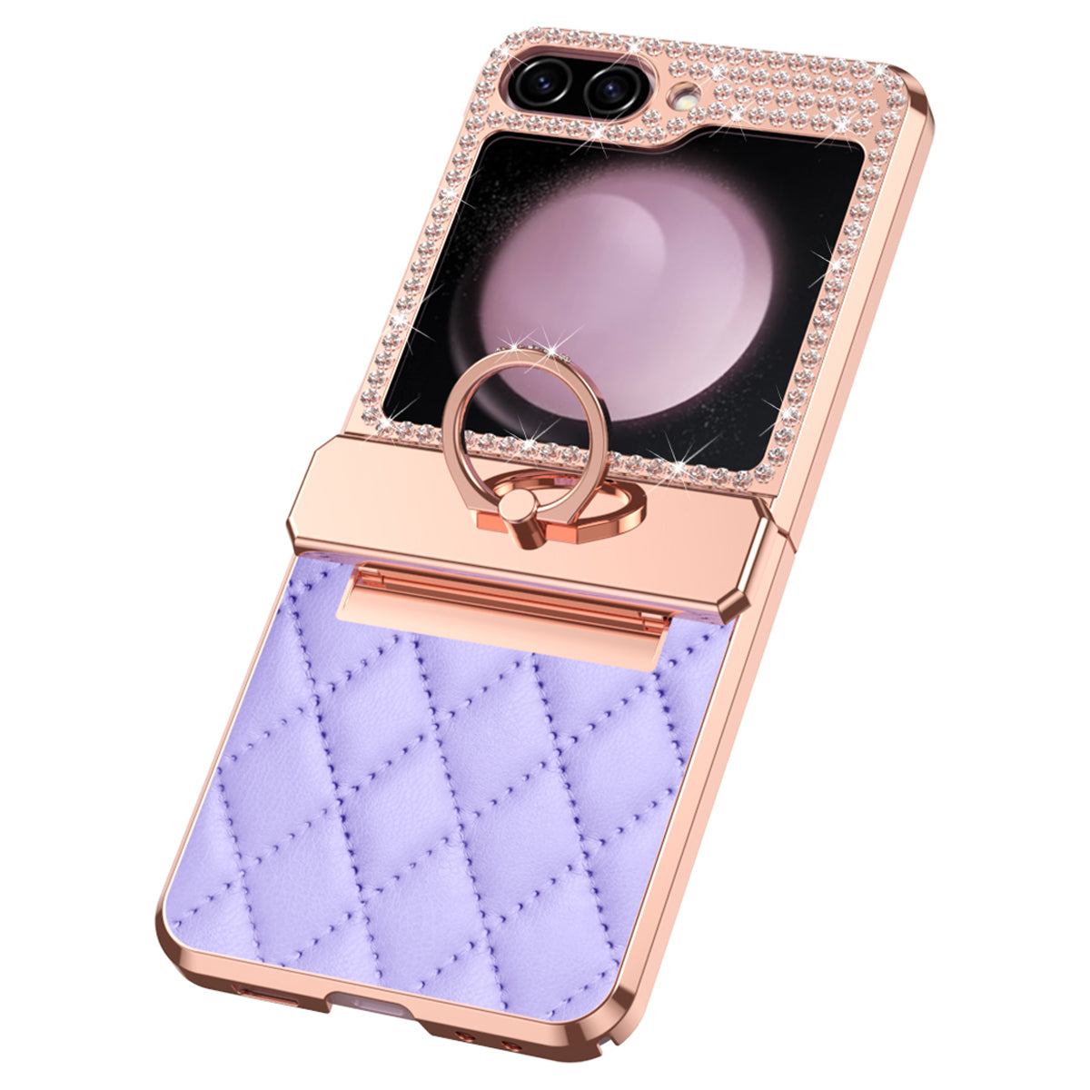For Samsung Galaxy Z Flip6 5G Case Rhinestone Decor Leather+PC Rhombus Phone Cover - Purple