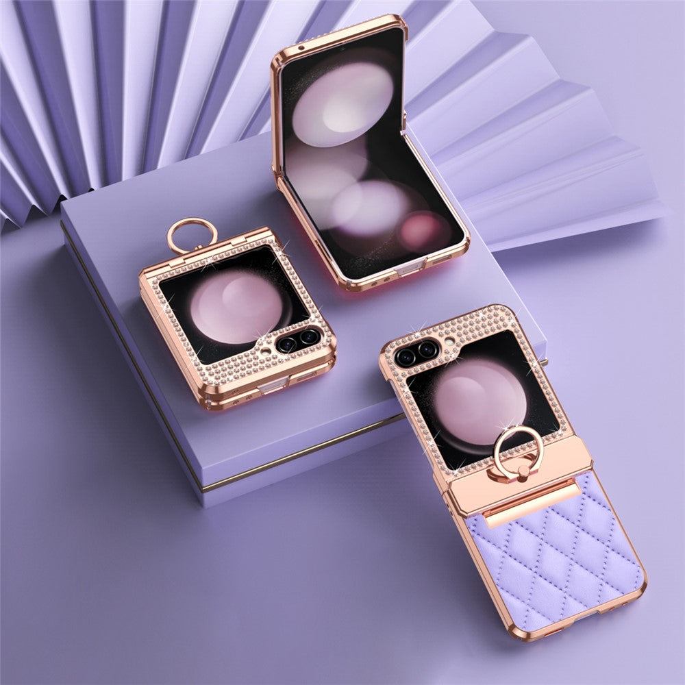For Samsung Galaxy Z Flip7 FE 5G / Z Flip6 5G / Z Flip5 5G Case Rhinestone Decor Leather+PC Rhombus Phone Cover - Purple
