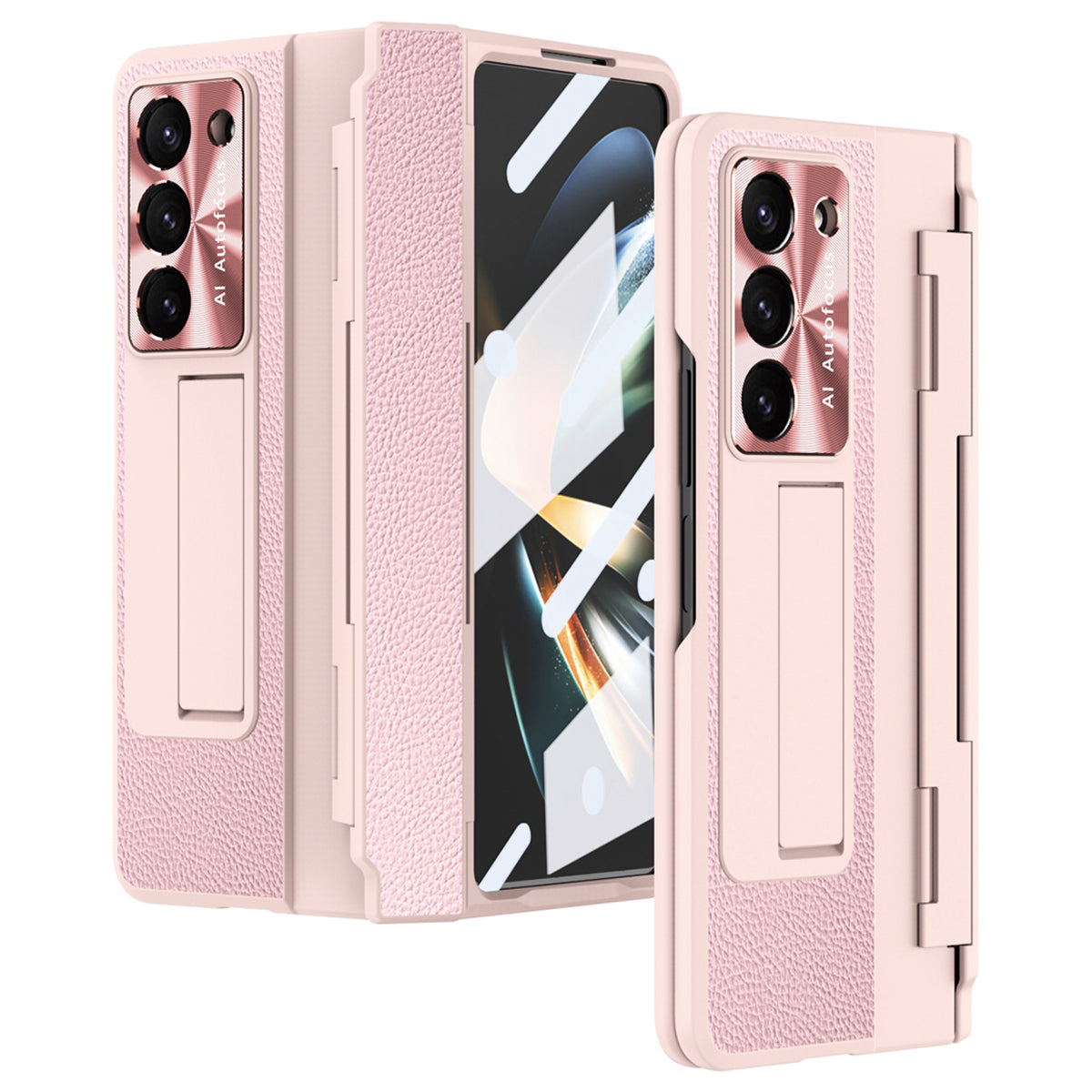For Samsung Galaxy Z Fold6 5G Case Leather+PC Kickstand Phone Cover with Tempered Glass Film - Pink
