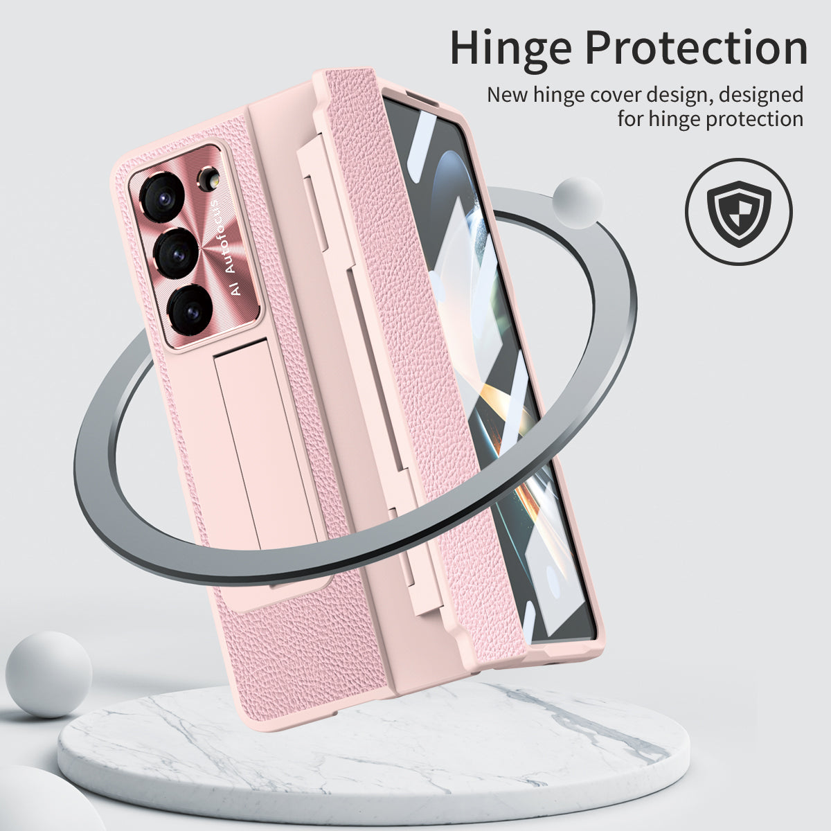 For Samsung Galaxy Z Fold6 5G Case Leather+PC Kickstand Phone Cover with Tempered Glass Film - Pink