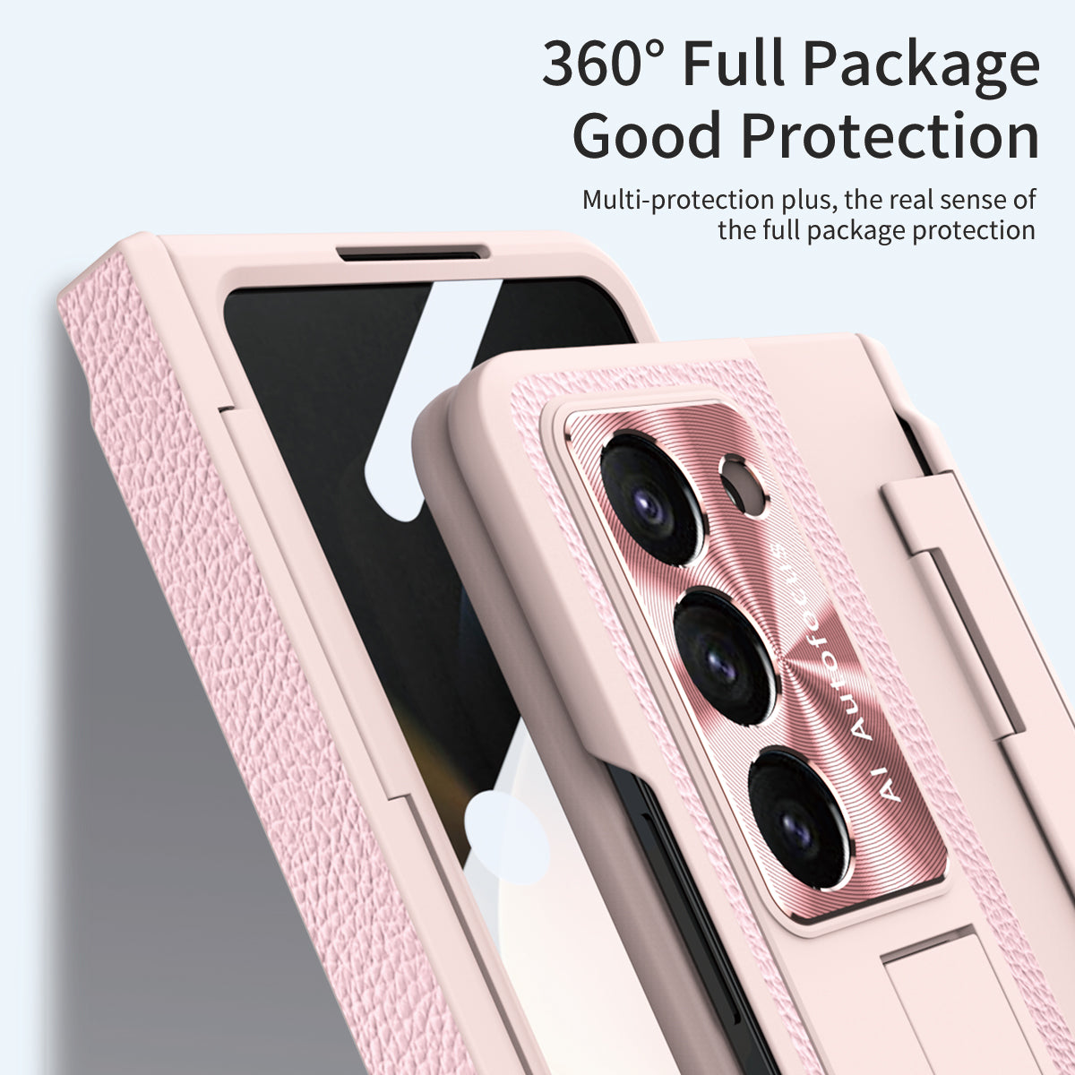 For Samsung Galaxy Z Fold6 5G Case Leather+PC Kickstand Phone Cover with Tempered Glass Film - Pink