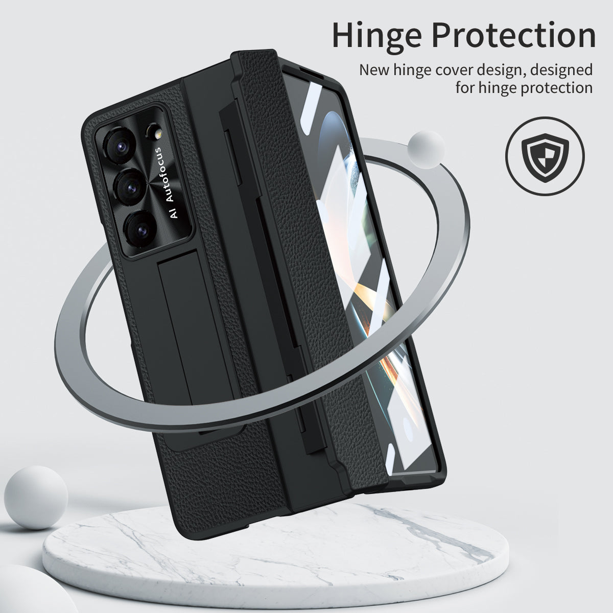 For Samsung Galaxy Z Fold6 5G Case Leather+PC Kickstand Phone Cover with Tempered Glass Film - Black