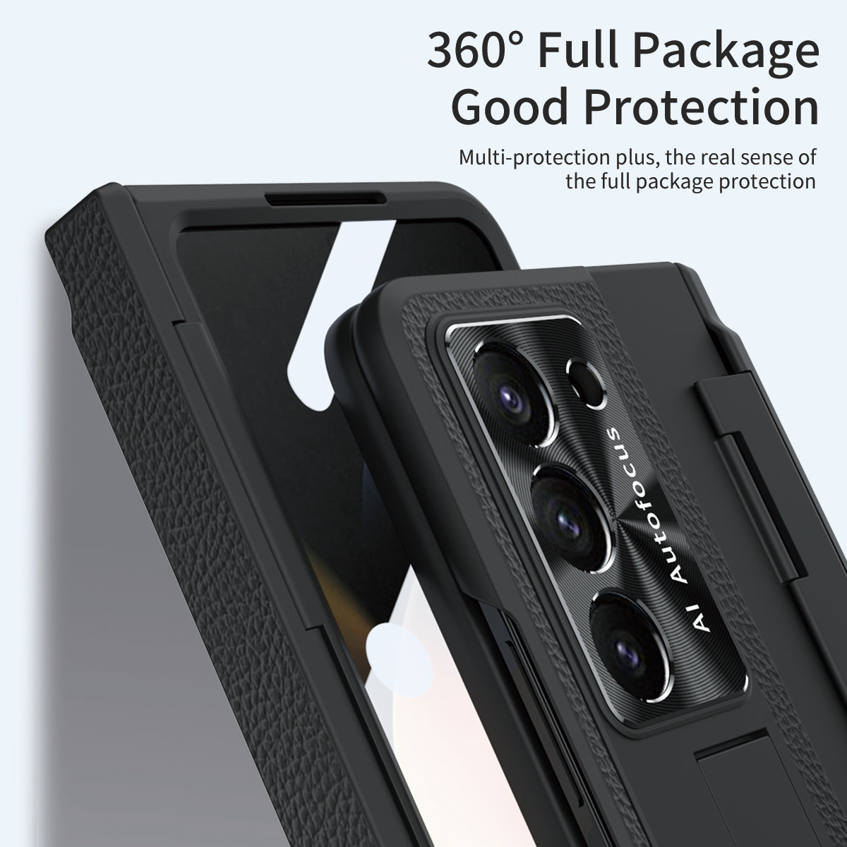 For Samsung Galaxy Z Fold6 5G Case Leather+PC Kickstand Phone Cover with Tempered Glass Film - Black