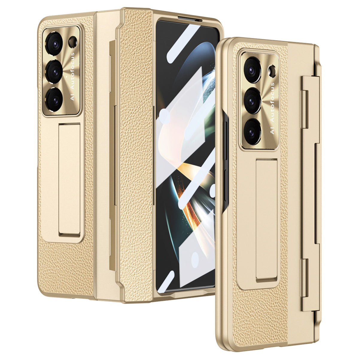 For Samsung Galaxy Z Fold6 5G Case Leather+PC Kickstand Phone Cover with Tempered Glass Film - Gold