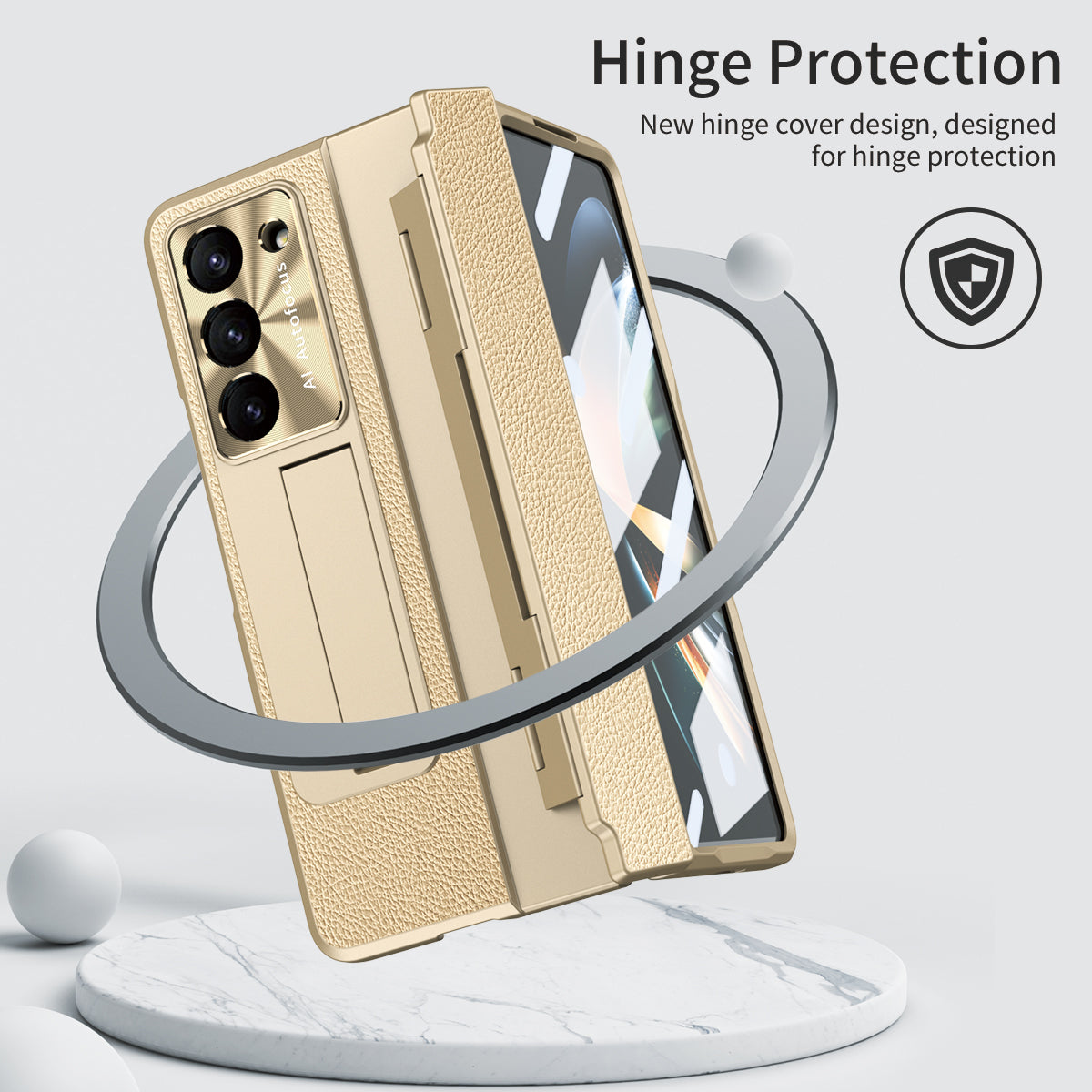 For Samsung Galaxy Z Fold6 5G Case Leather+PC Kickstand Phone Cover with Tempered Glass Film - Gold