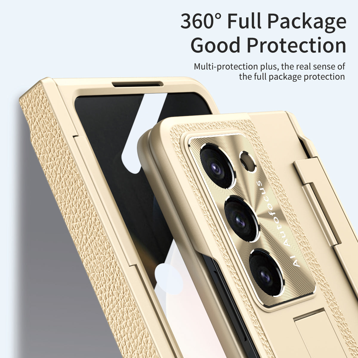 For Samsung Galaxy Z Fold6 5G Case Leather+PC Kickstand Phone Cover with Tempered Glass Film - Gold