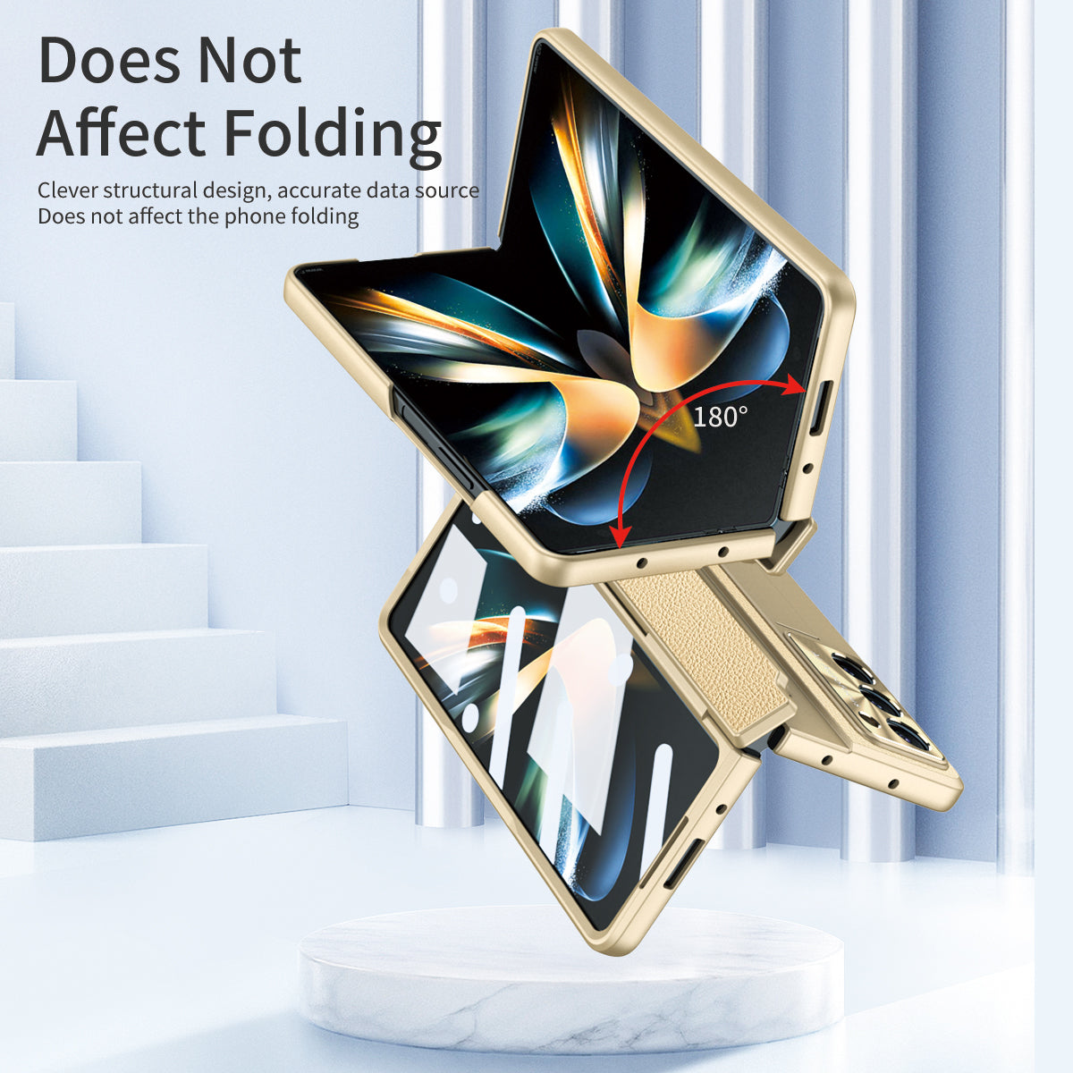 For Samsung Galaxy Z Fold6 5G Case Leather+PC Kickstand Phone Cover with Tempered Glass Film - Gold