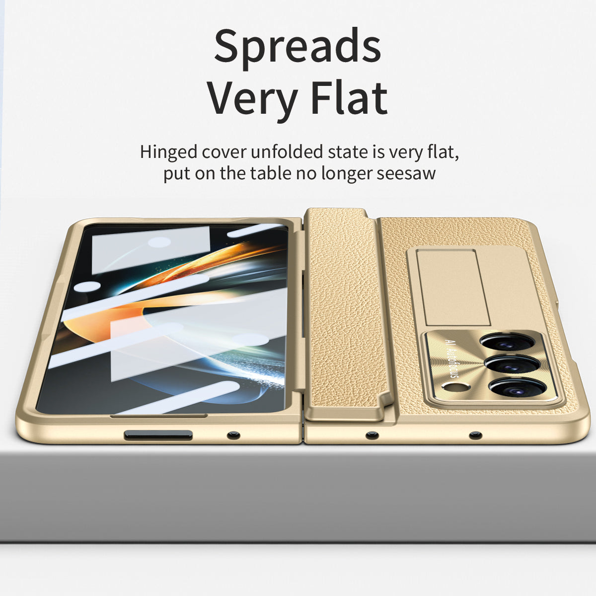 For Samsung Galaxy Z Fold6 5G Case Leather+PC Kickstand Phone Cover with Tempered Glass Film - Gold