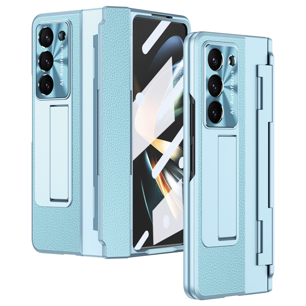 For Samsung Galaxy Z Fold6 5G Case Leather+PC Kickstand Phone Cover with Tempered Glass Film - Blue