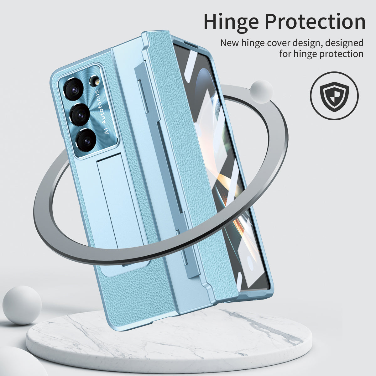 For Samsung Galaxy Z Fold6 5G Case Leather+PC Kickstand Phone Cover with Tempered Glass Film - Blue