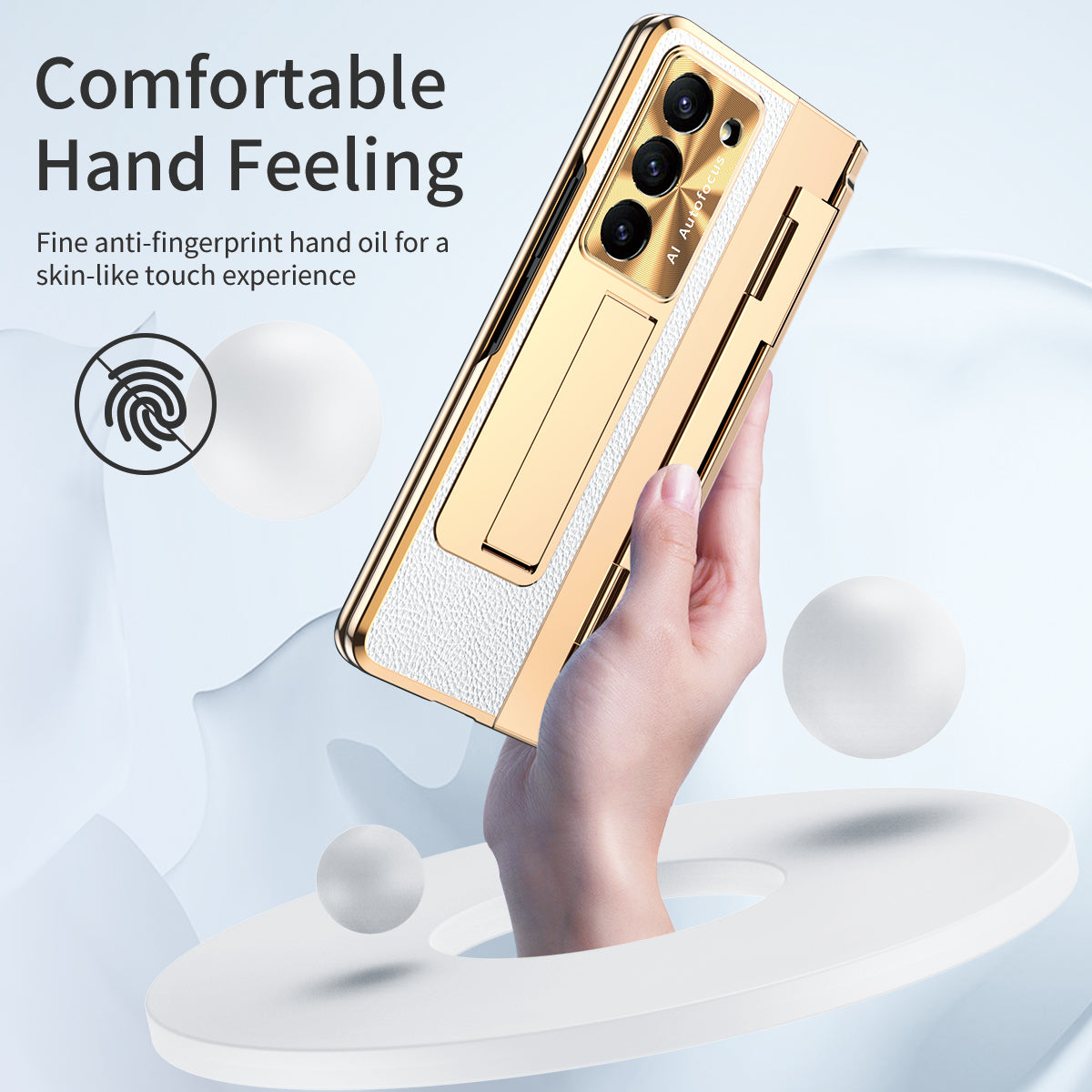 For Samsung Galaxy Z Fold6 5G Case Leather+PC Kickstand Phone Cover with Tempered Glass Film - Gold+White