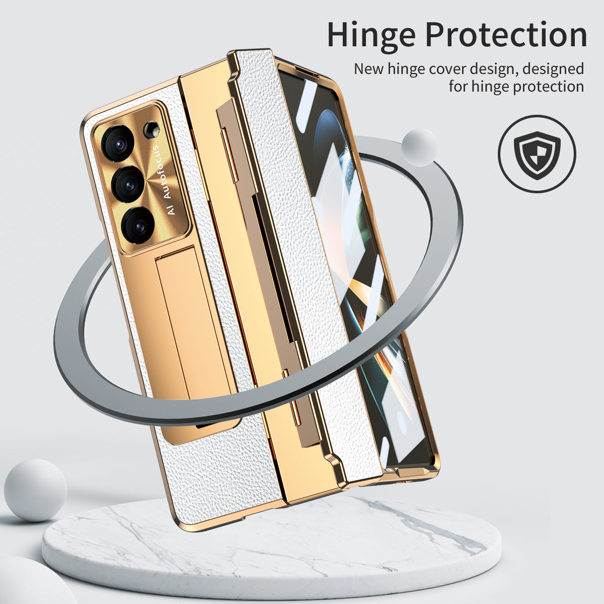For Samsung Galaxy Z Fold6 5G Case Leather+PC Kickstand Phone Cover with Tempered Glass Film - Gold+White