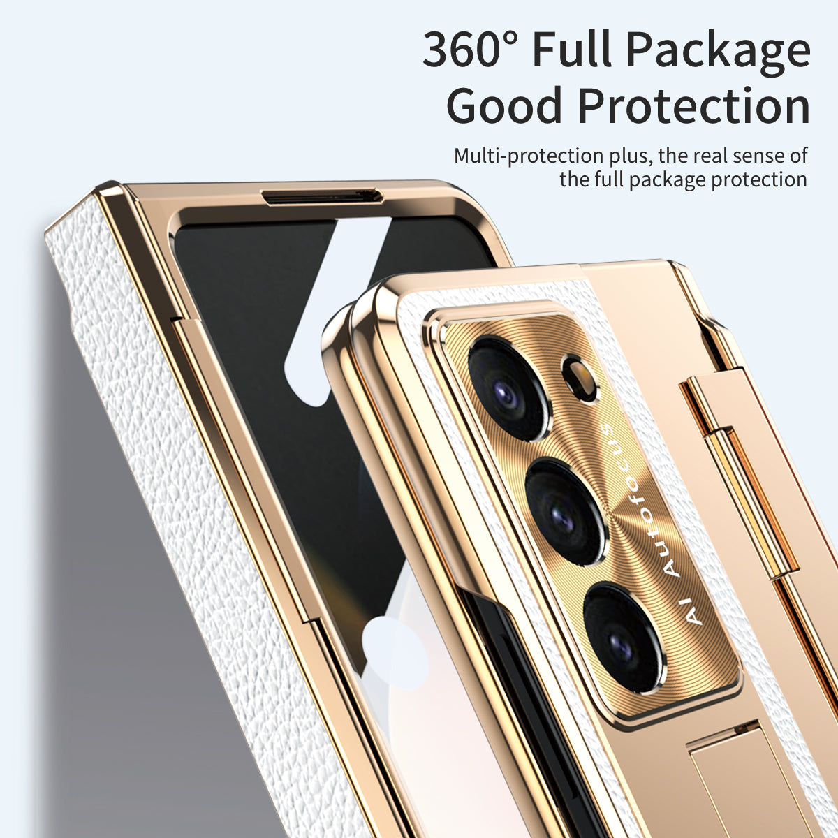 For Samsung Galaxy Z Fold6 5G Case Leather+PC Kickstand Phone Cover with Tempered Glass Film - Gold+White