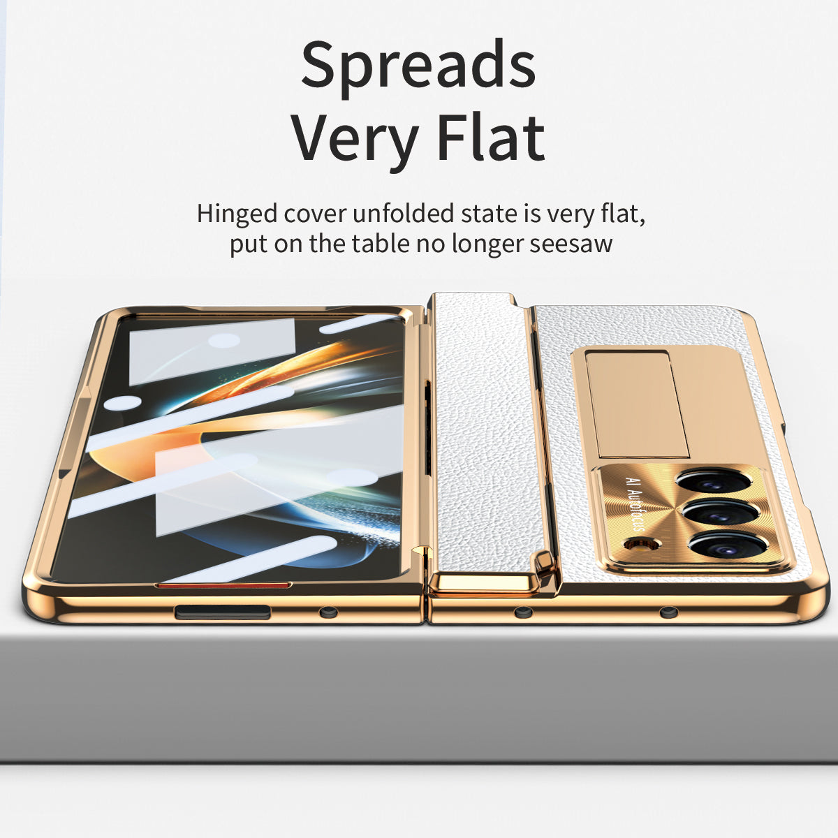 For Samsung Galaxy Z Fold6 5G Case Leather+PC Kickstand Phone Cover with Tempered Glass Film - Gold+White