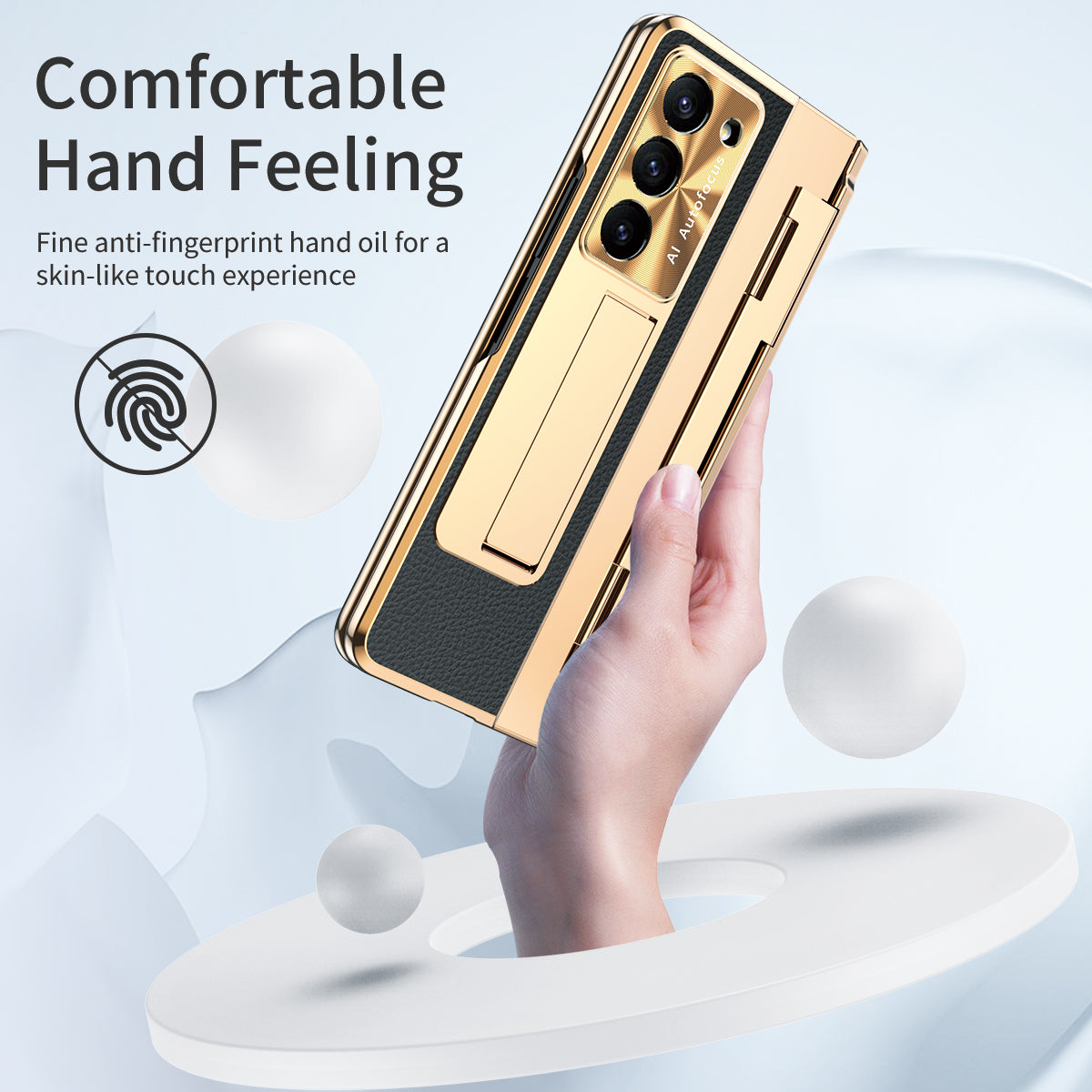 For Samsung Galaxy Z Fold6 5G Case Leather+PC Kickstand Phone Cover with Tempered Glass Film - Gold+Black