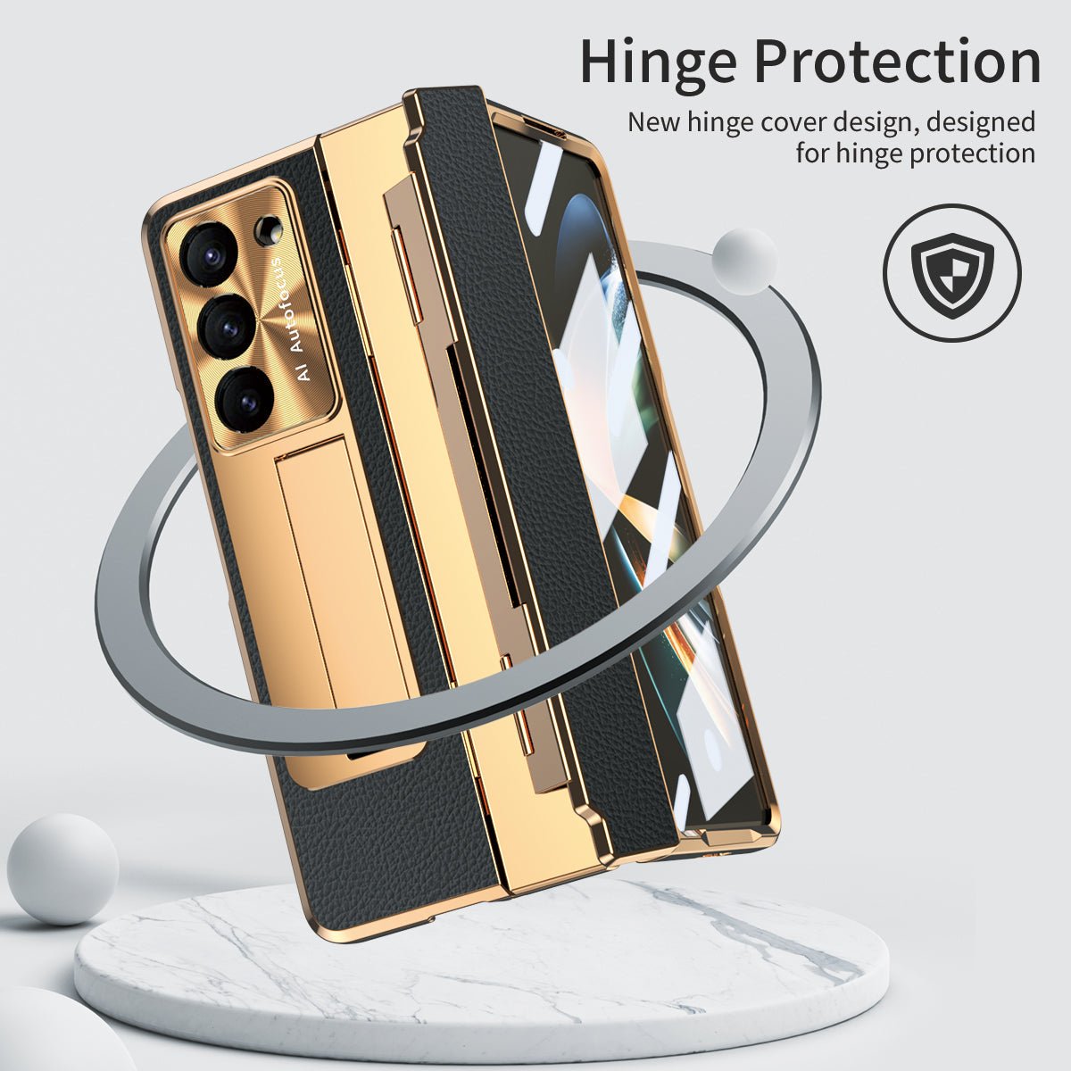 For Samsung Galaxy Z Fold6 5G Case Leather+PC Kickstand Phone Cover with Tempered Glass Film - Gold+Black