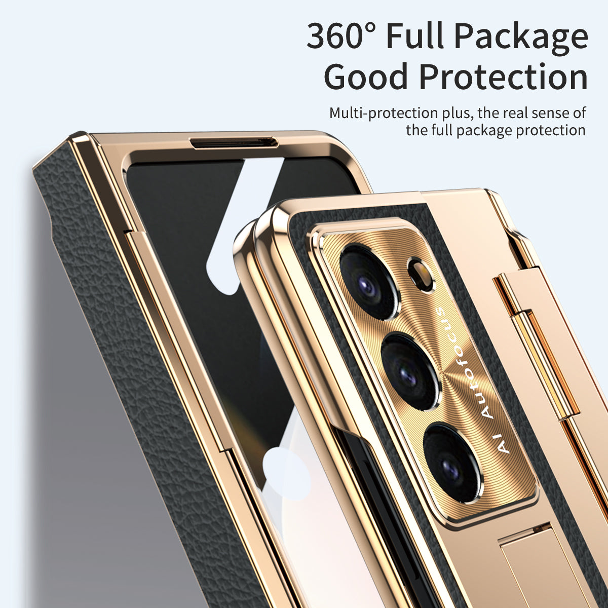 For Samsung Galaxy Z Fold6 5G Case Leather+PC Kickstand Phone Cover with Tempered Glass Film - Gold+Black