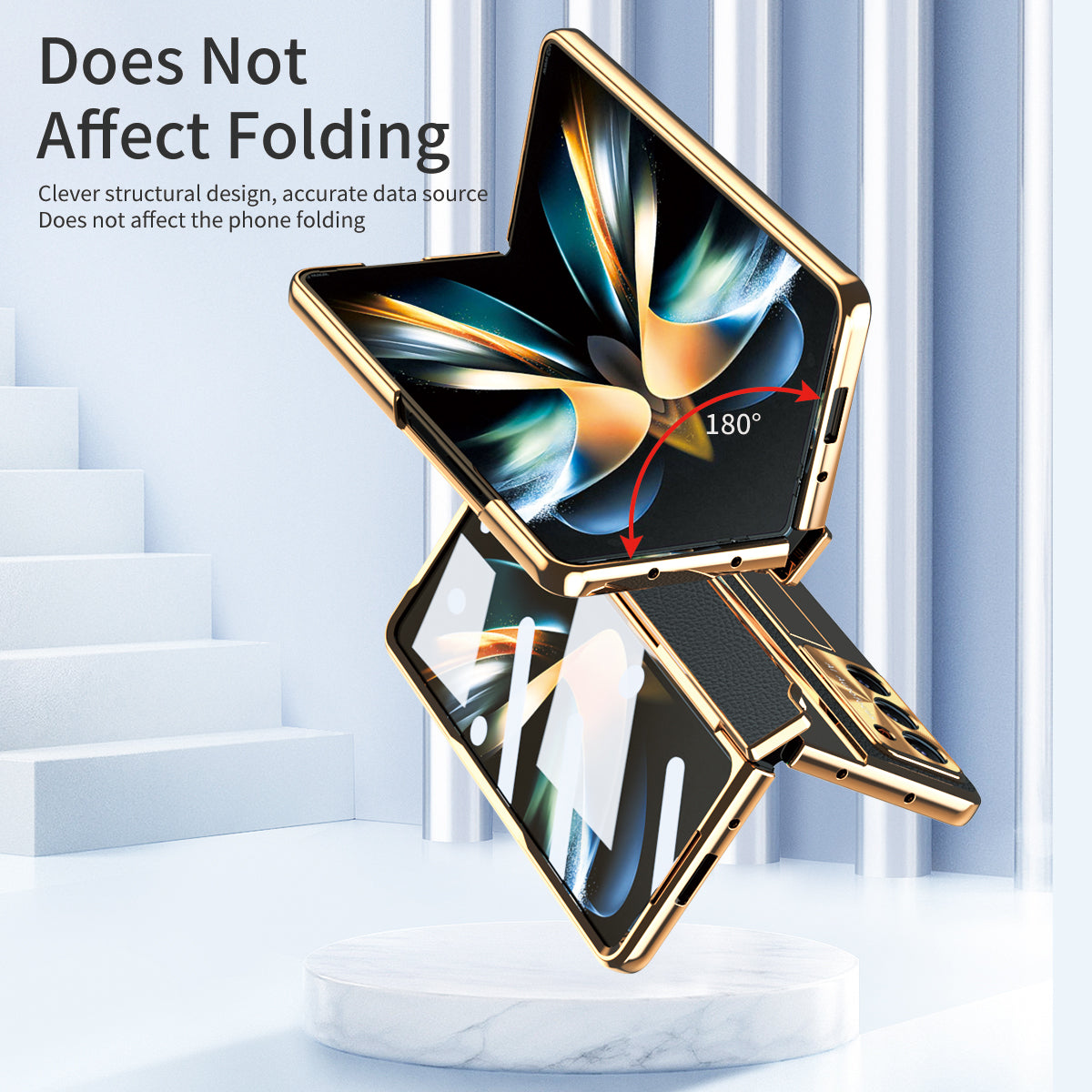 For Samsung Galaxy Z Fold6 5G Case Leather+PC Kickstand Phone Cover with Tempered Glass Film - Gold+Black