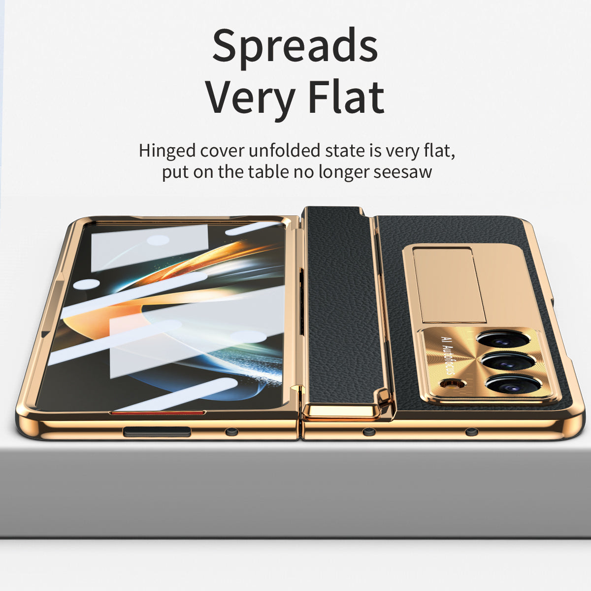 For Samsung Galaxy Z Fold6 5G Case Leather+PC Kickstand Phone Cover with Tempered Glass Film - Gold+Black