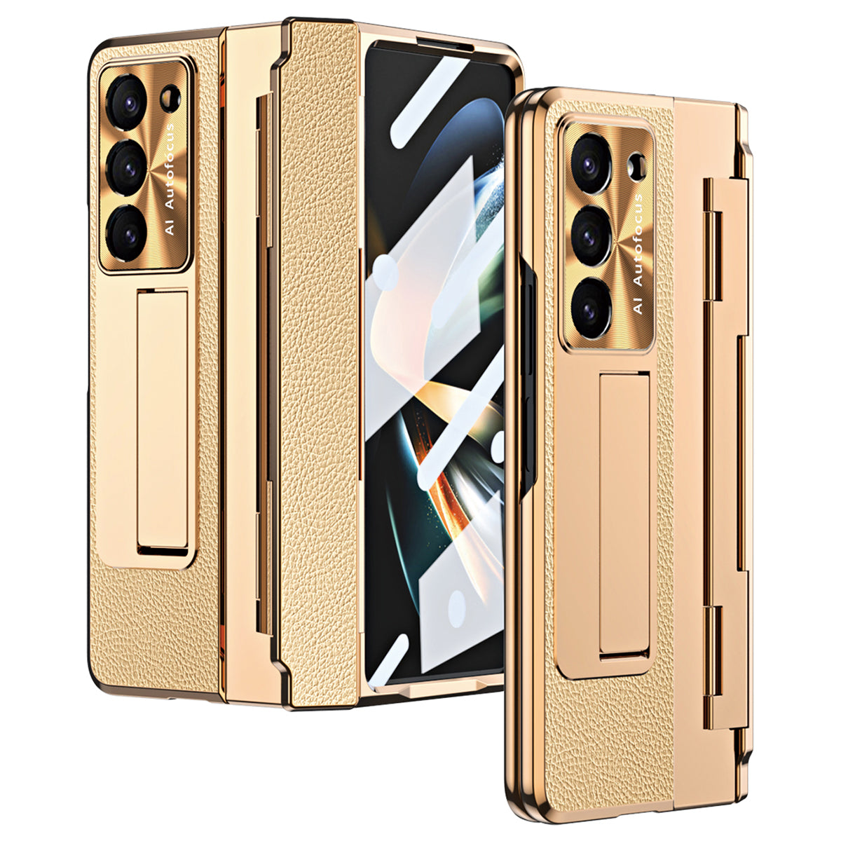 For Samsung Galaxy Z Fold6 5G Case Leather+PC Kickstand Phone Cover with Tempered Glass Film - Gold+Gold