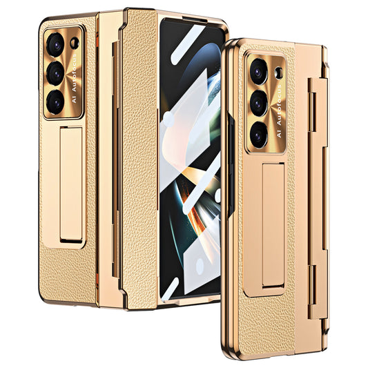For Samsung Galaxy Z Fold6 5G Case Leather+PC Kickstand Phone Cover with Tempered Glass Film - Gold+Gold