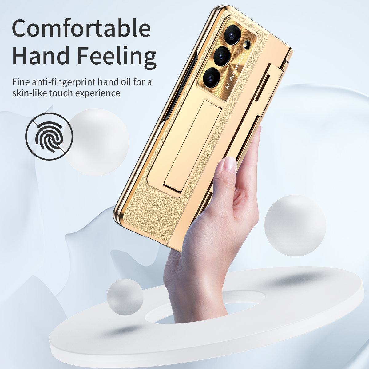For Samsung Galaxy Z Fold6 5G Case Leather+PC Kickstand Phone Cover with Tempered Glass Film - Gold+Gold