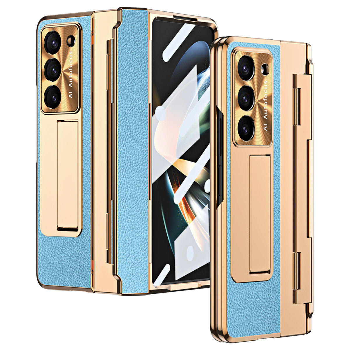 For Samsung Galaxy Z Fold6 5G Case Leather+PC Kickstand Phone Cover with Tempered Glass Film - Gold+Blue