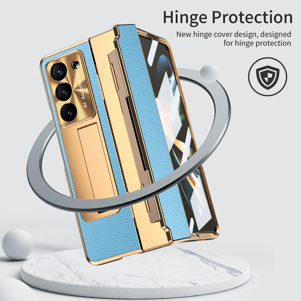 For Samsung Galaxy Z Fold6 5G Case Leather+PC Kickstand Phone Cover with Tempered Glass Film - Gold+Blue