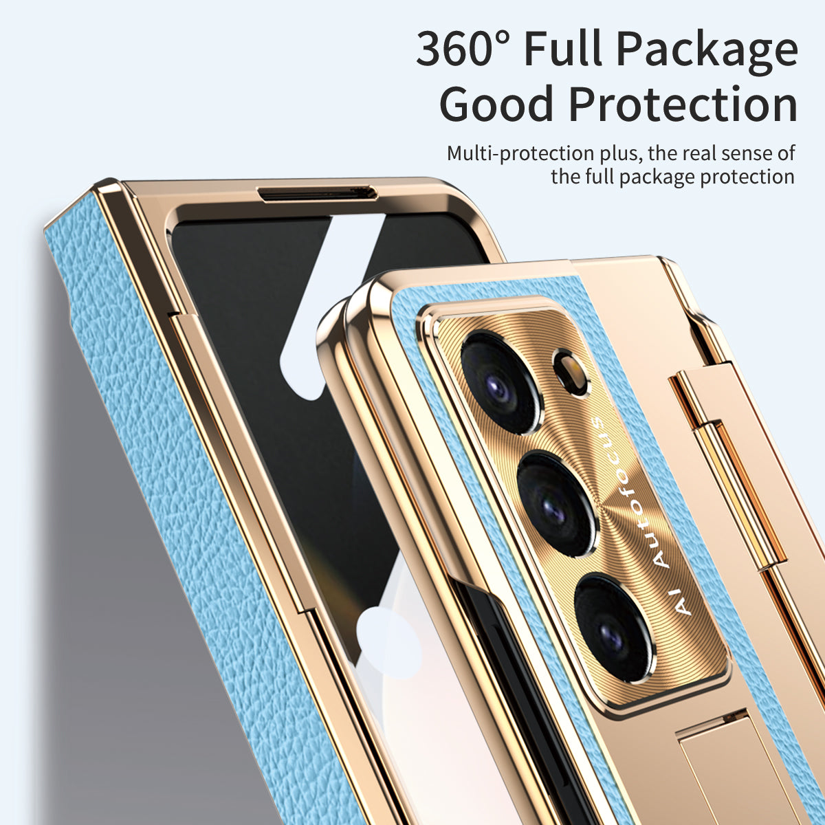 For Samsung Galaxy Z Fold6 5G Case Leather+PC Kickstand Phone Cover with Tempered Glass Film - Gold+Blue