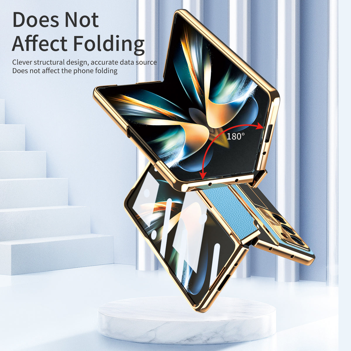 For Samsung Galaxy Z Fold6 5G Case Leather+PC Kickstand Phone Cover with Tempered Glass Film - Gold+Blue
