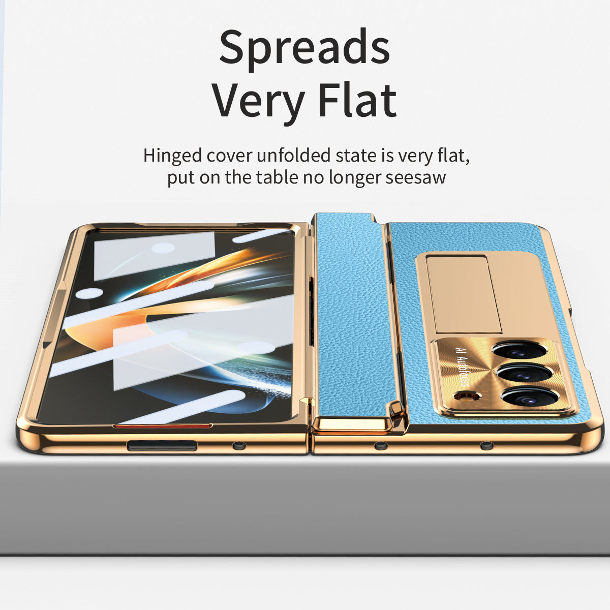 For Samsung Galaxy Z Fold6 5G Case Leather+PC Kickstand Phone Cover with Tempered Glass Film - Gold+Blue