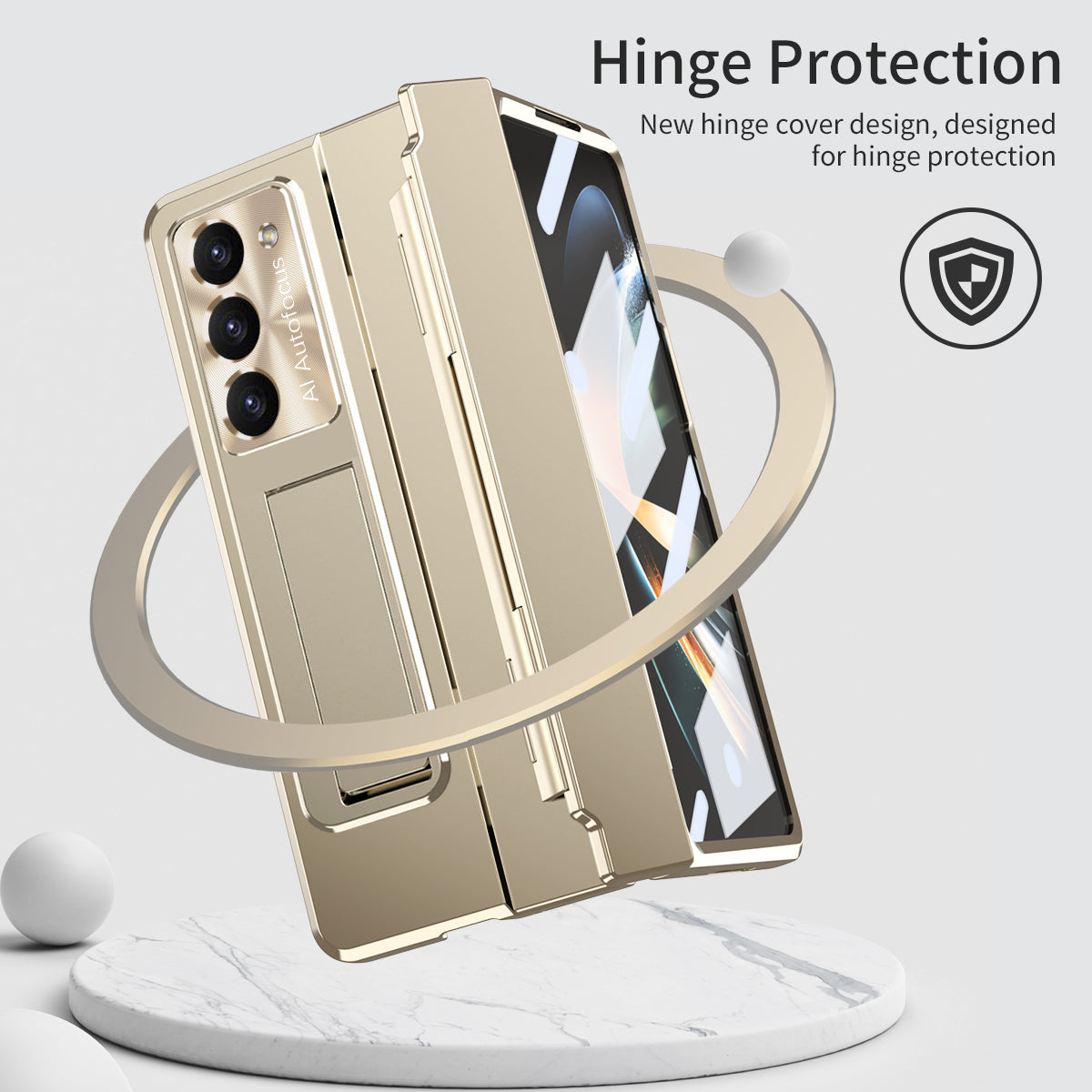 For Samsung Galaxy Z Fold6 5G Case Hinge Protection PC Phone Cover with Kickstand - Gold