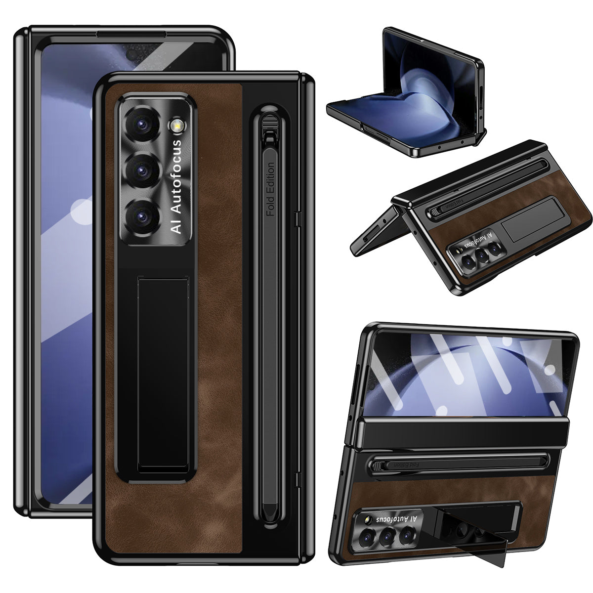 For Samsung Galaxy Z Fold6 5G Kickstand Case Leather+PC Phone Cover with Tempered Glass Film and Stylus - Coffee