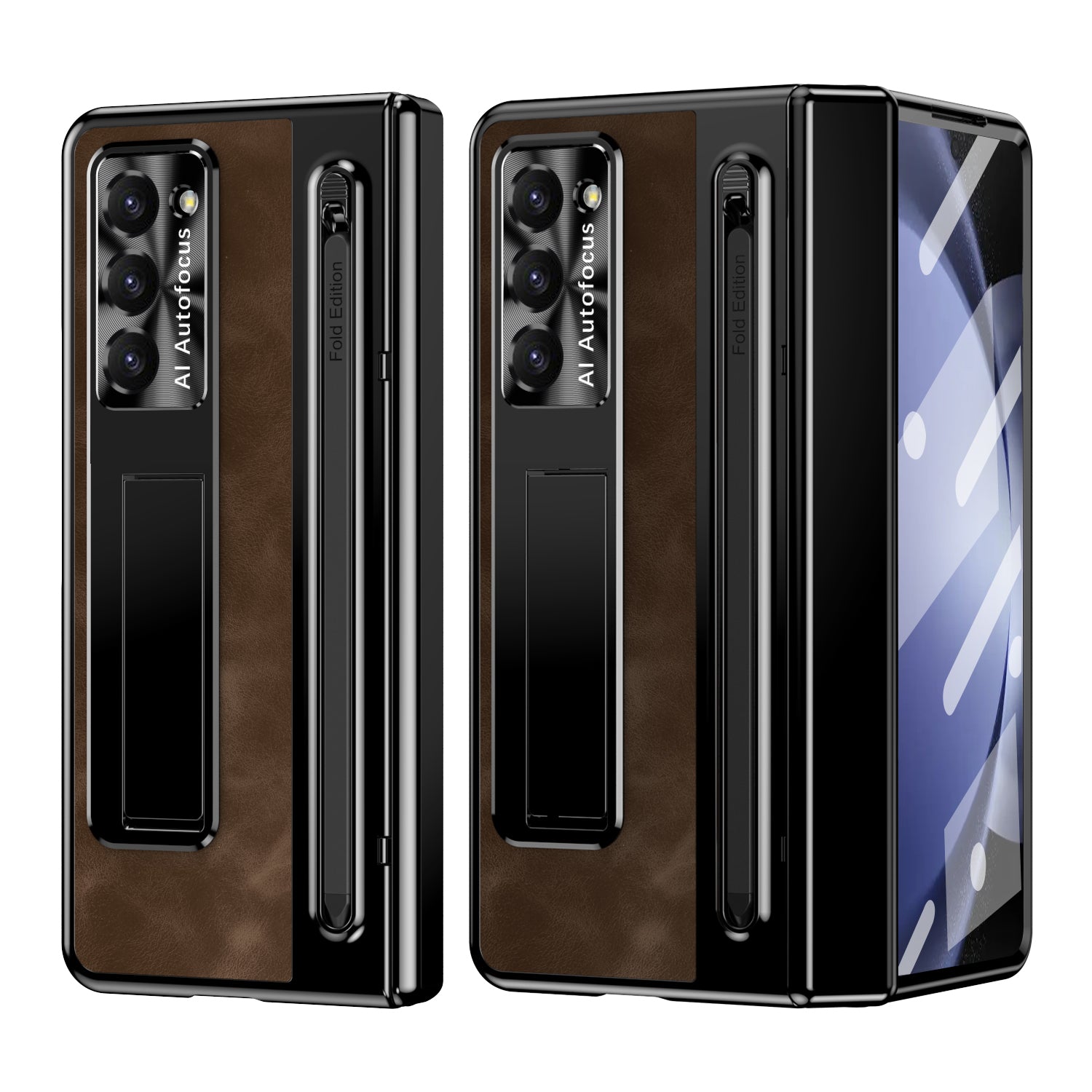 For Samsung Galaxy Z Fold6 5G Kickstand Case Leather+PC Phone Cover with Tempered Glass Film and Stylus - Coffee