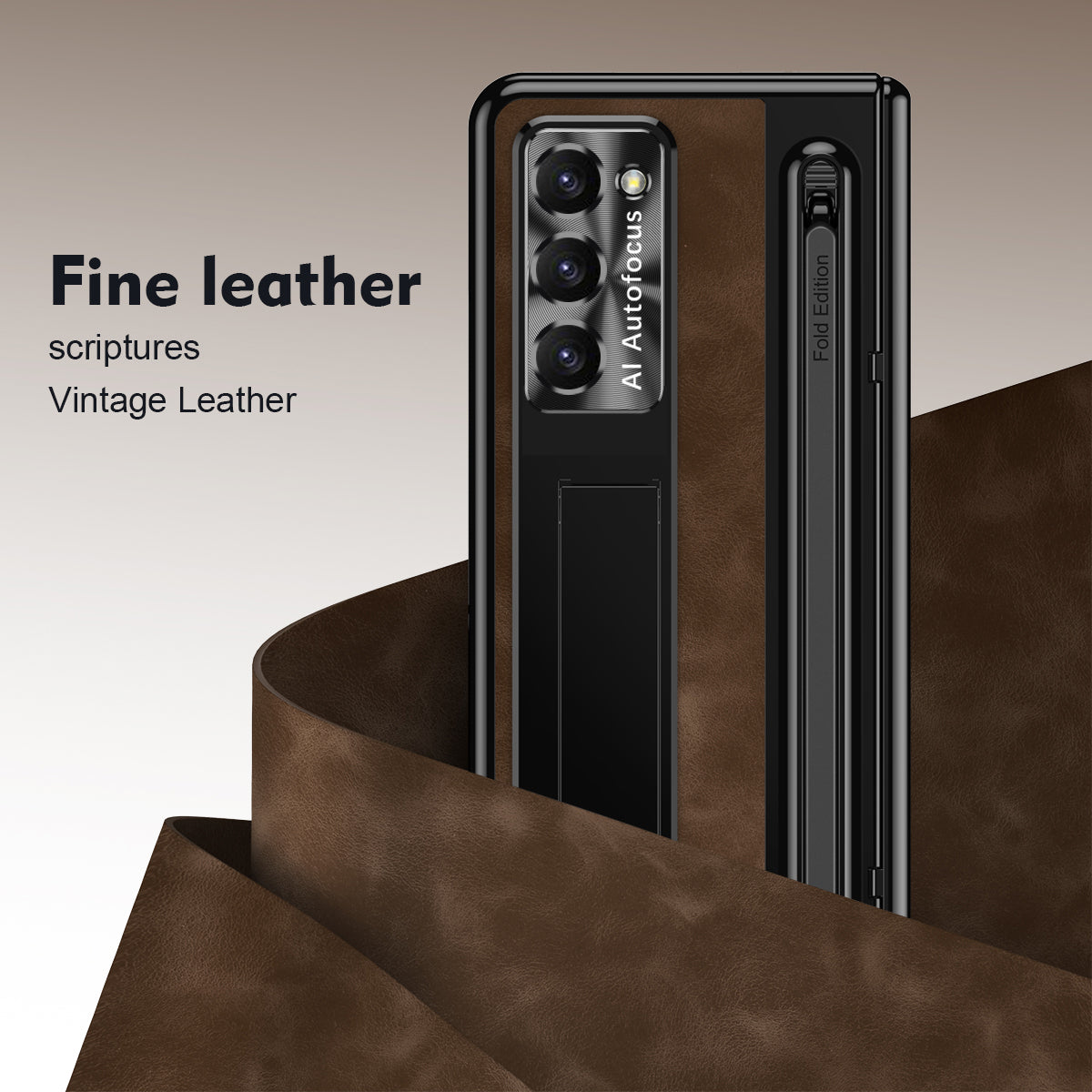 For Samsung Galaxy Z Fold6 5G Kickstand Case Leather+PC Phone Cover with Tempered Glass Film and Stylus - Coffee