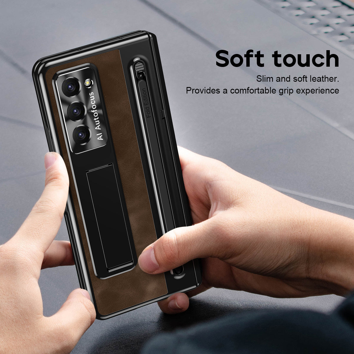 For Samsung Galaxy Z Fold6 5G Kickstand Case Leather+PC Phone Cover with Tempered Glass Film and Stylus - Coffee