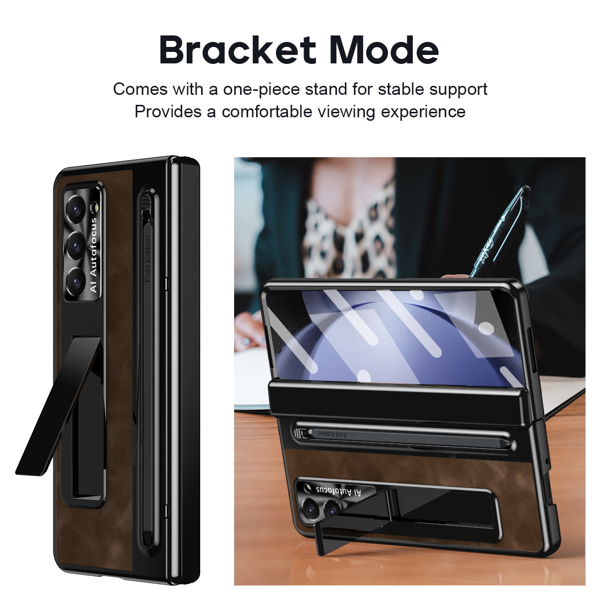 For Samsung Galaxy Z Fold6 5G Kickstand Case Leather+PC Phone Cover with Tempered Glass Film and Stylus - Coffee