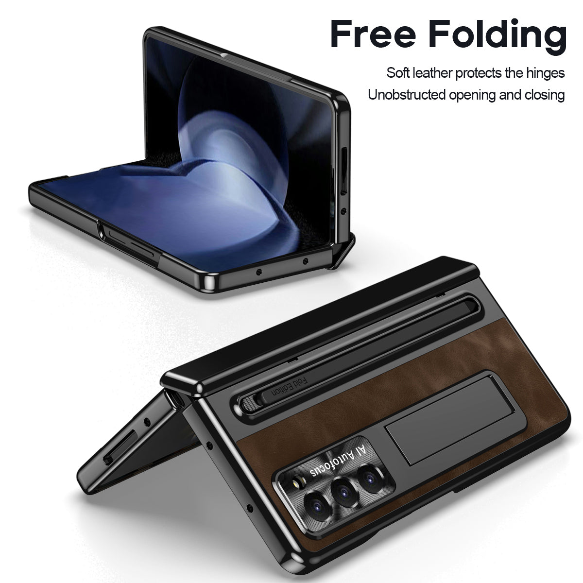 For Samsung Galaxy Z Fold6 5G Kickstand Case Leather+PC Phone Cover with Tempered Glass Film and Stylus - Coffee