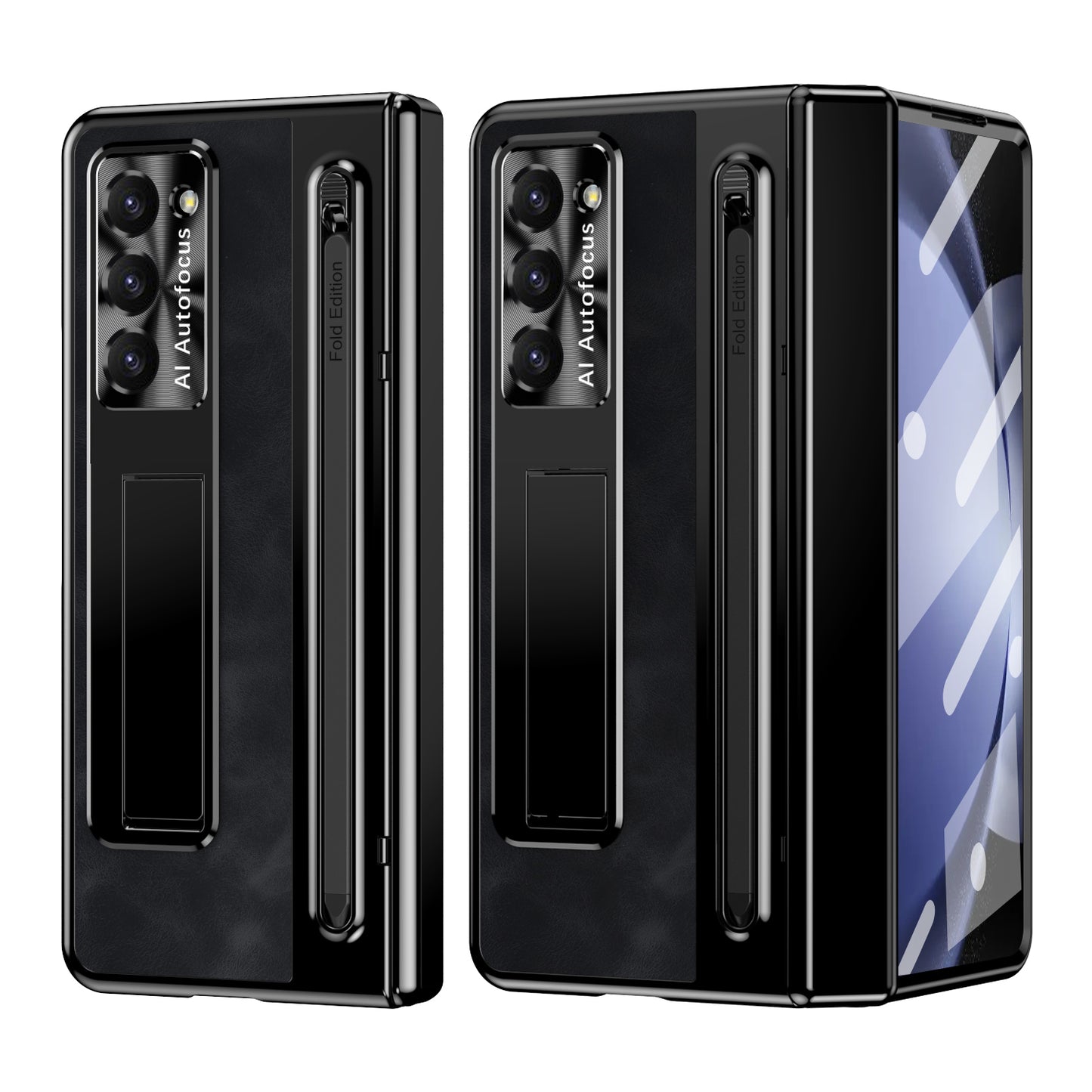 For Samsung Galaxy Z Fold6 5G Kickstand Case Leather+PC Phone Cover with Tempered Glass Film and Stylus - Black