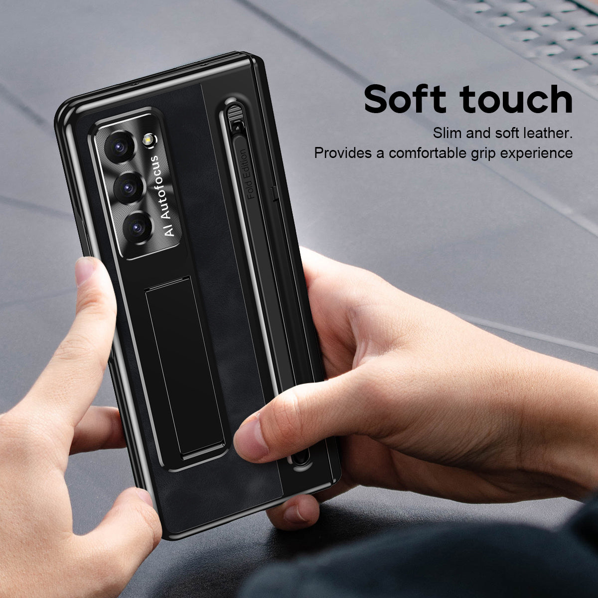For Samsung Galaxy Z Fold6 5G Kickstand Case Leather+PC Phone Cover with Tempered Glass Film and Stylus - Black