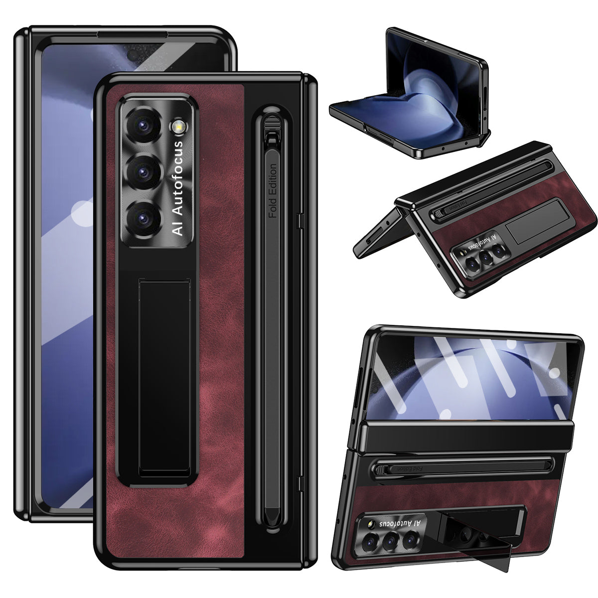 For Samsung Galaxy Z Fold6 5G Kickstand Case Leather+PC Phone Cover with Tempered Glass Film and Stylus - Wine Red