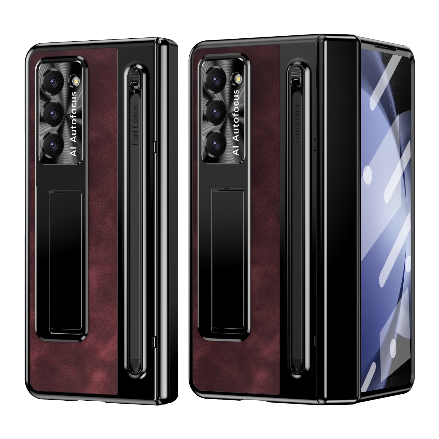 For Samsung Galaxy Z Fold6 5G Kickstand Case Leather+PC Phone Cover with Tempered Glass Film and Stylus - Wine Red