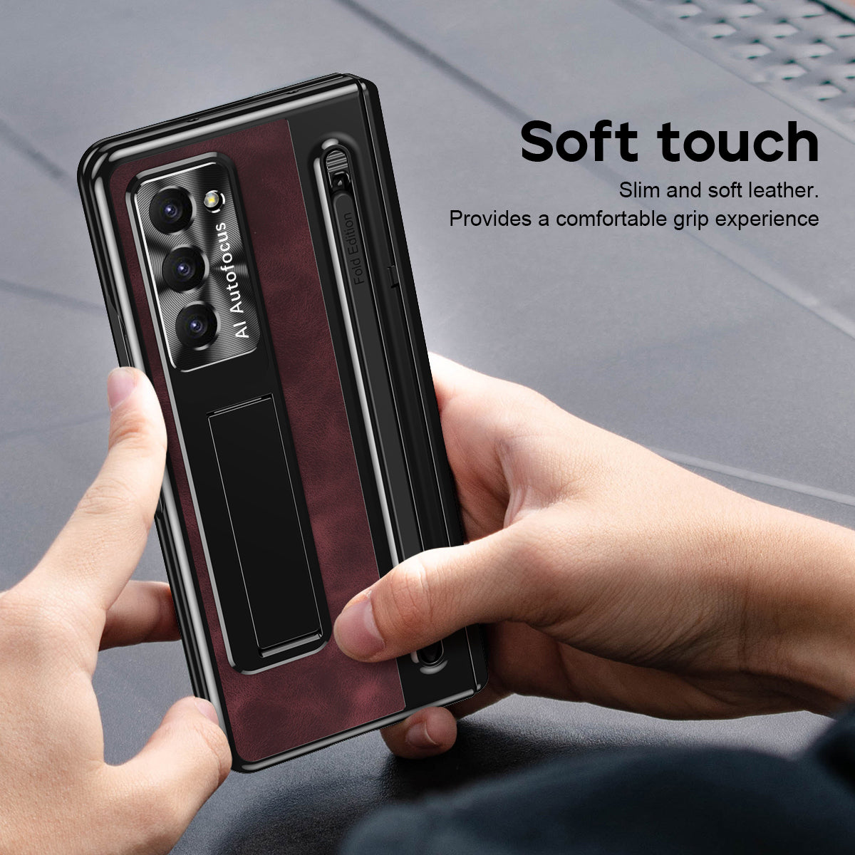 For Samsung Galaxy Z Fold6 5G Kickstand Case Leather+PC Phone Cover with Tempered Glass Film and Stylus - Wine Red