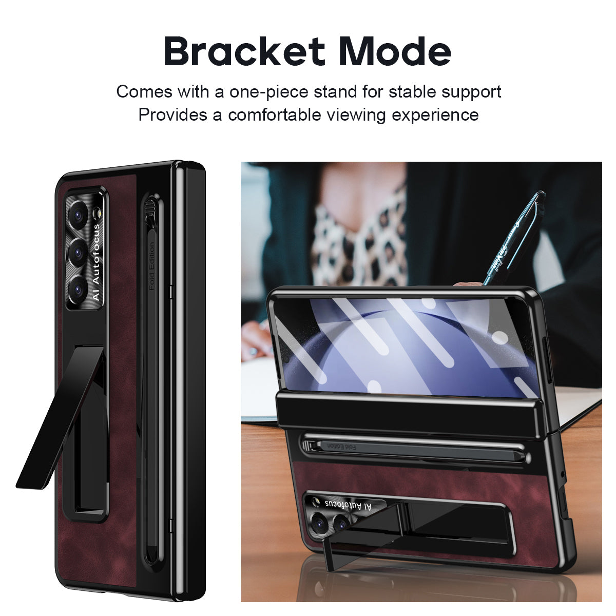 For Samsung Galaxy Z Fold6 5G Kickstand Case Leather+PC Phone Cover with Tempered Glass Film and Stylus - Wine Red