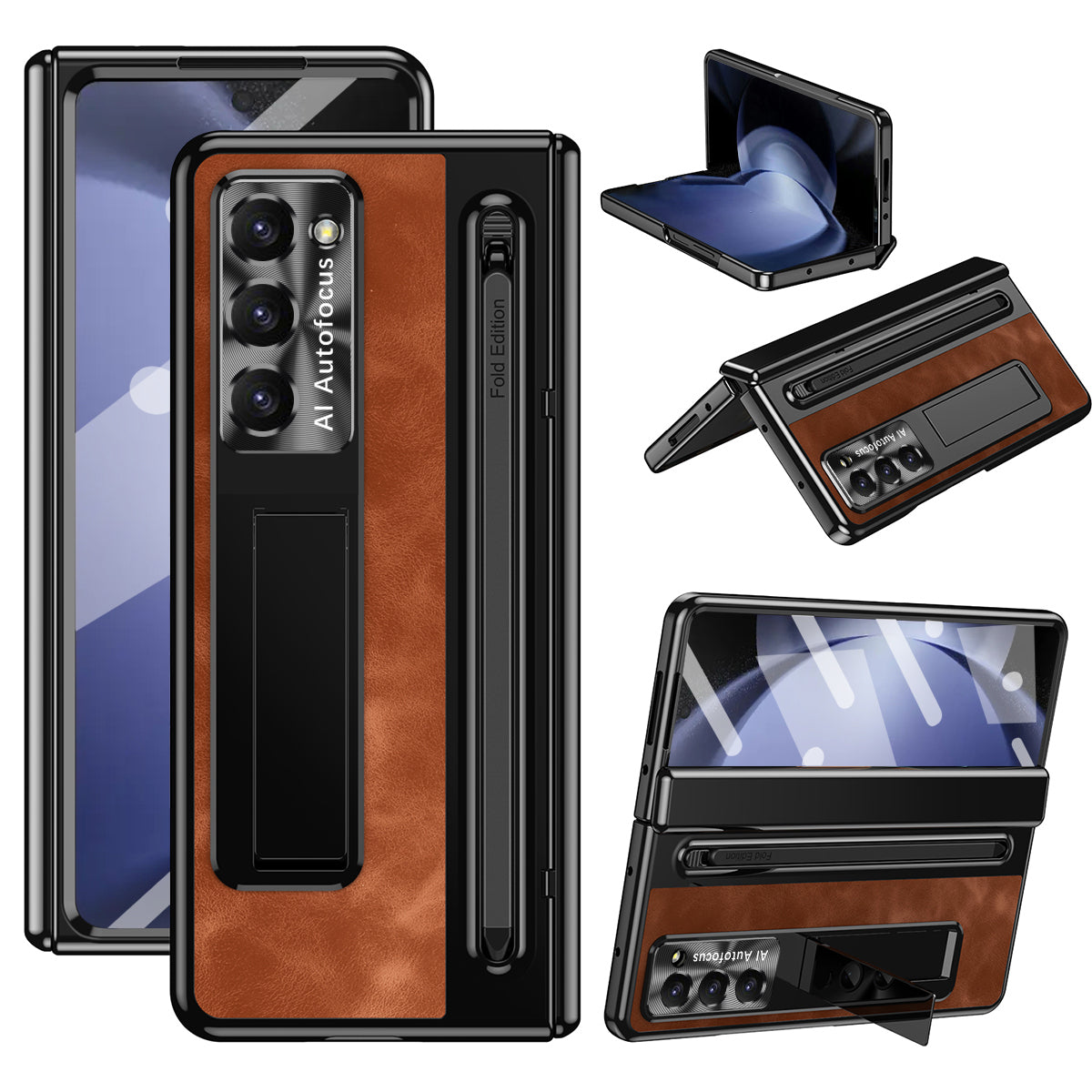 For Samsung Galaxy Z Fold6 5G Kickstand Case Leather+PC Phone Cover with Tempered Glass Film and Stylus - Brown