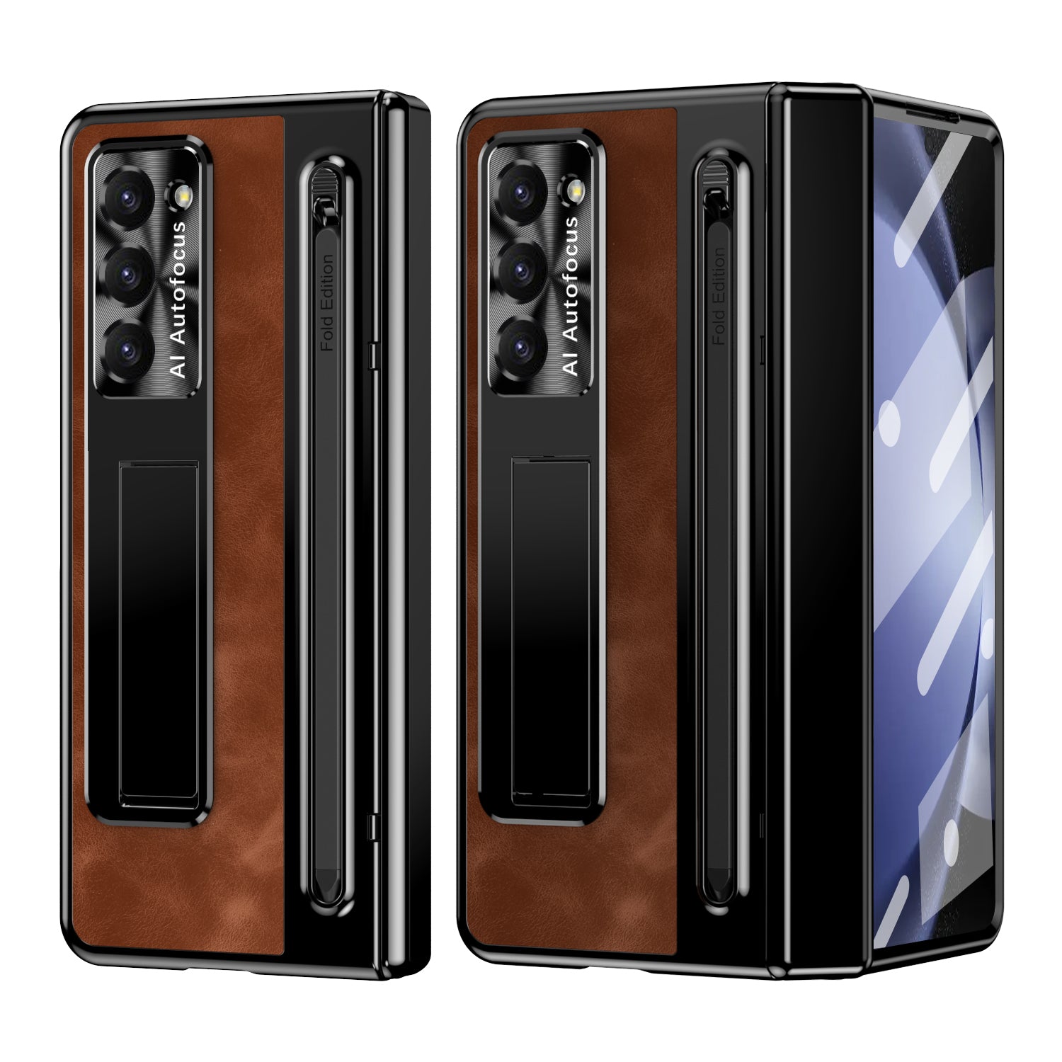For Samsung Galaxy Z Fold6 5G Kickstand Case Leather+PC Phone Cover with Tempered Glass Film and Stylus - Brown