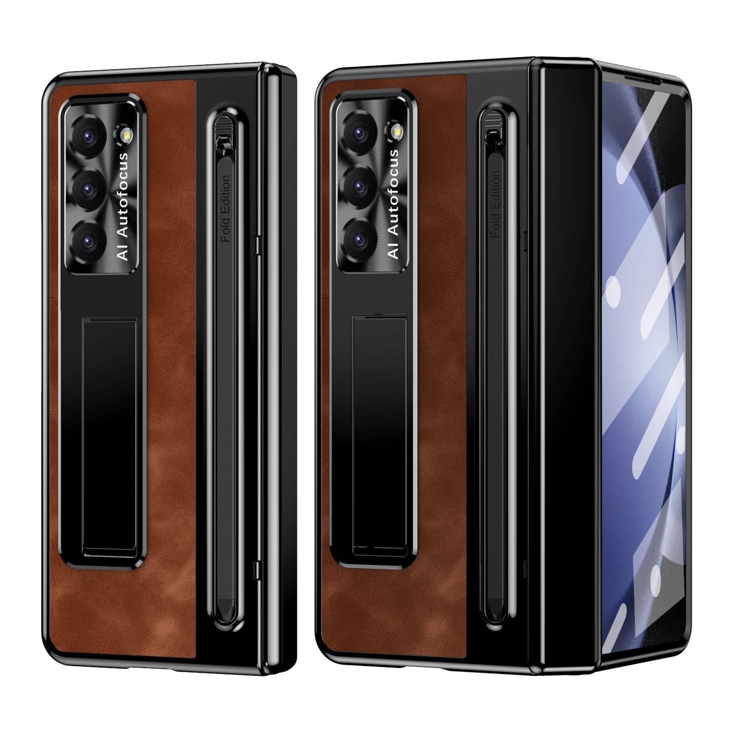 For Samsung Galaxy Z Fold6 5G Kickstand Case Leather+PC Phone Cover with Tempered Glass Film and Stylus - Brown