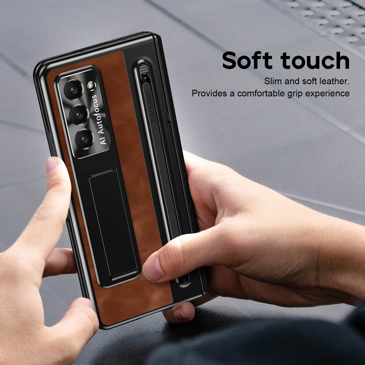 For Samsung Galaxy Z Fold6 5G Kickstand Case Leather+PC Phone Cover with Tempered Glass Film and Stylus - Brown