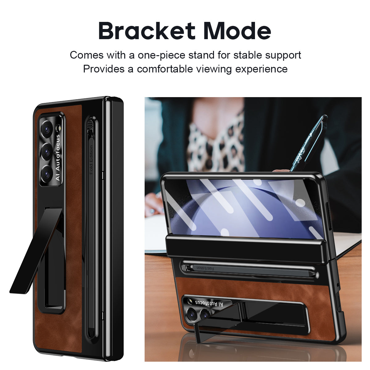 For Samsung Galaxy Z Fold6 5G Kickstand Case Leather+PC Phone Cover with Tempered Glass Film and Stylus - Brown