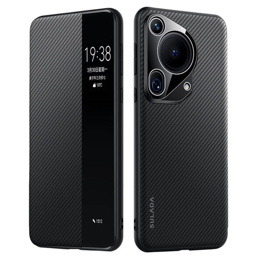 SULADA For Huawei Pura 70 Ultra Case Carbon Fiber Texture Leather Phone Cover Auto Sleep / Wake Up - Black